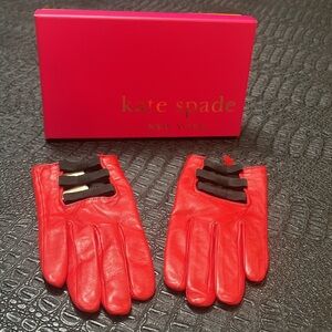 Kate Spade Vibrant Red Leather Gloves with Black Bows Size L